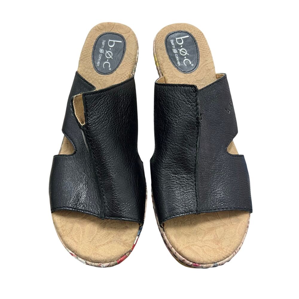 B.O.C. Born black leather upper floral-patterned cork wedge heel festival sz 10